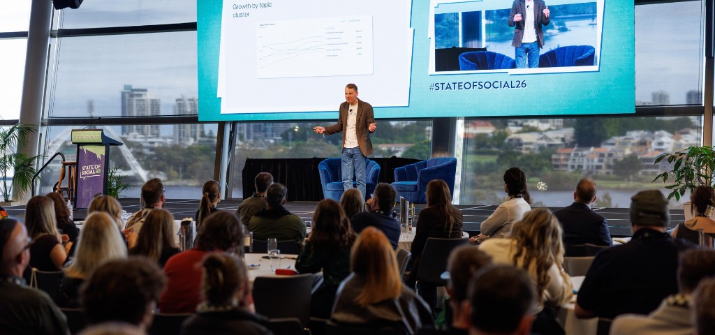 Will Bal presenting to a full room at State of Social 2026
