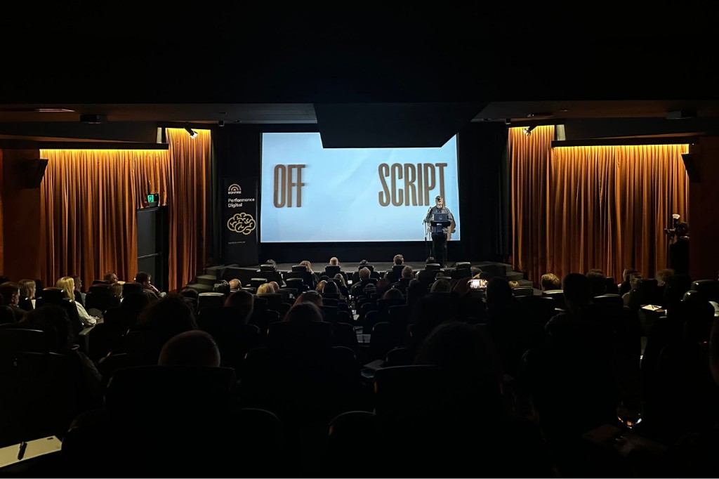 Off Script 2026 at Palace Cinemas Raine Square, with the title on screen and the audience seated in the cinema