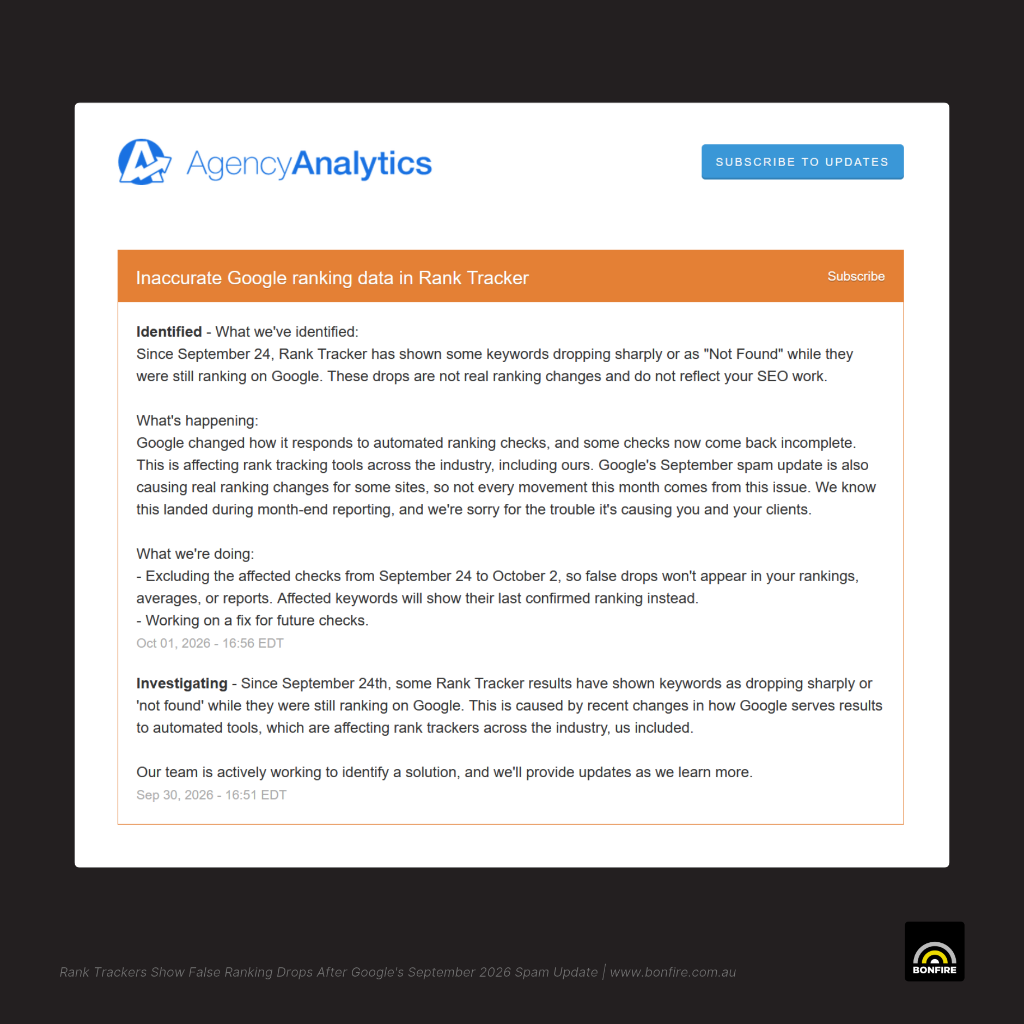 AgencyAnalytics status update explaining inaccurate Google ranking data in Rank Tracker from 24 September 2026