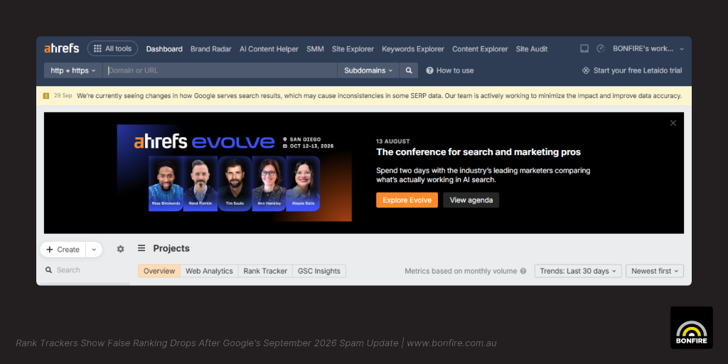 Ahrefs in-app banner on 29 September 2026 saying changes in how Google serves search results may cause inconsistencies in some SERP data