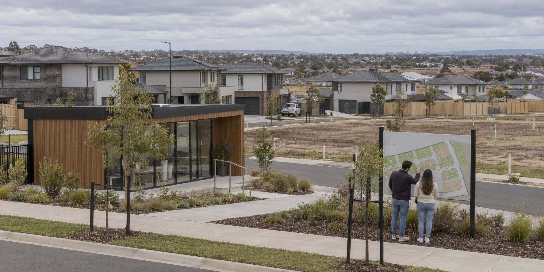 A couple looking at an estate map beside a sales office in a new housing estate