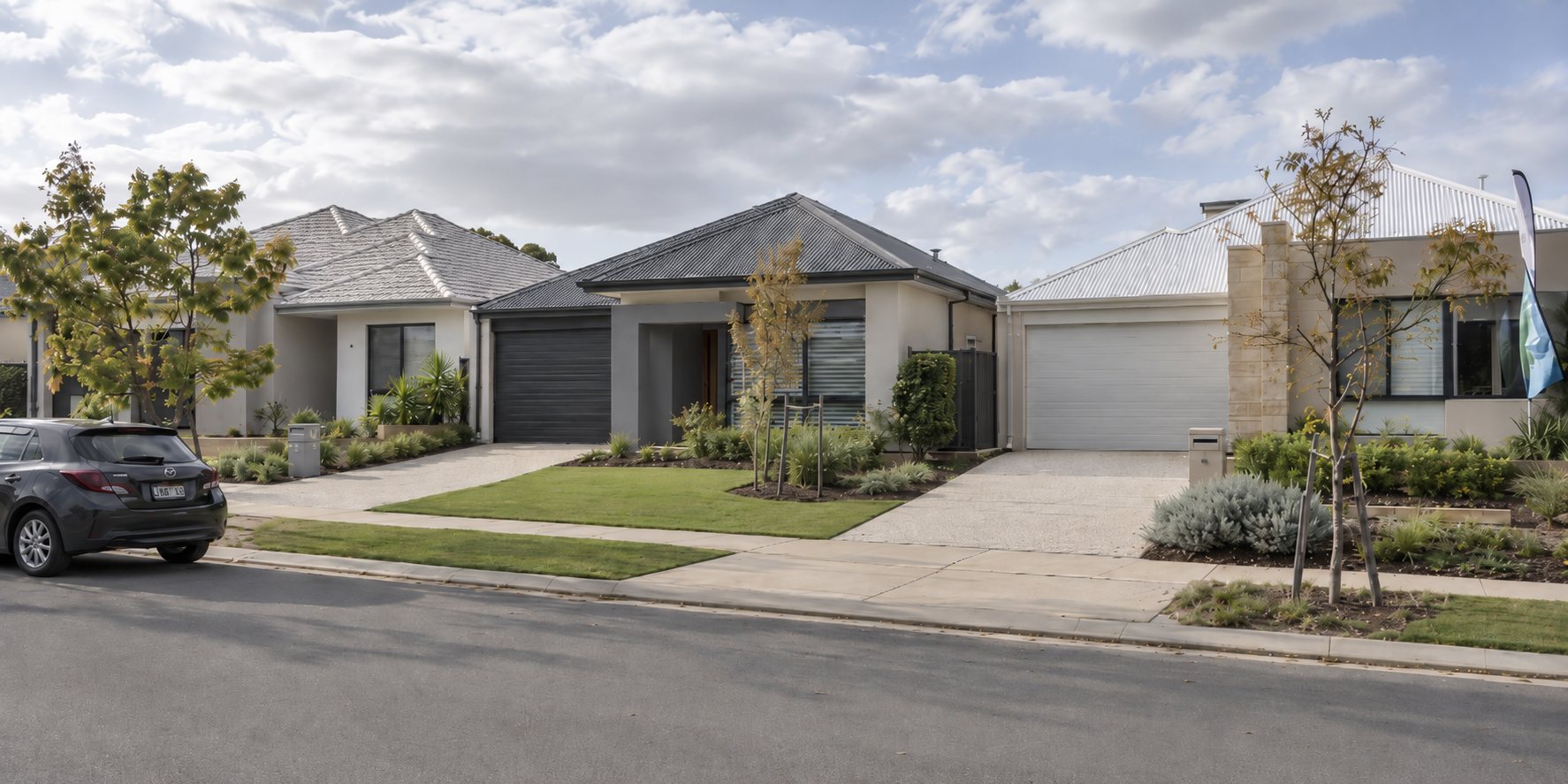 New display homes on a quiet suburban street