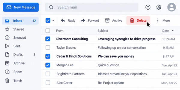 An inbox with sales emails selected and the delete button highlighted.