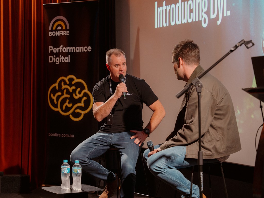 Dylan Skinns speaking with Luke Williams during the Off Script fireside chat
