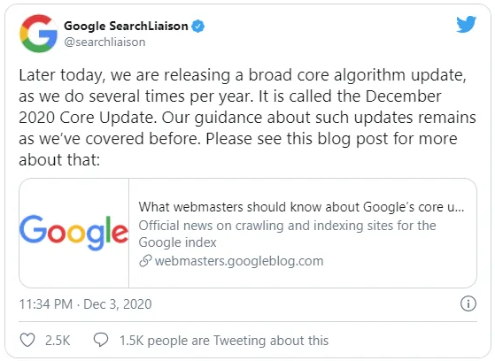 Google Search Tweet - Core Update