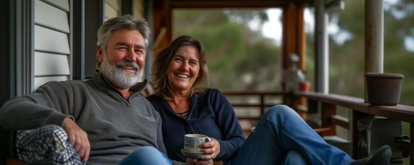 A man and woman sitting on a porch smiling and looking at the camera