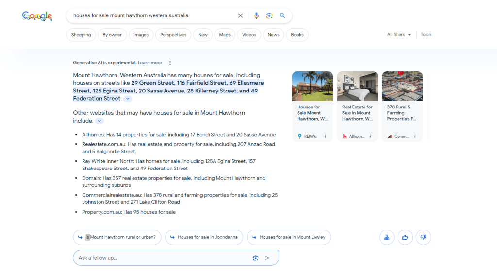 A screenshot of Google's Search Generative Experience User Interface. Shows the answer to the query "Houses for Sale Mount Hawthorn".