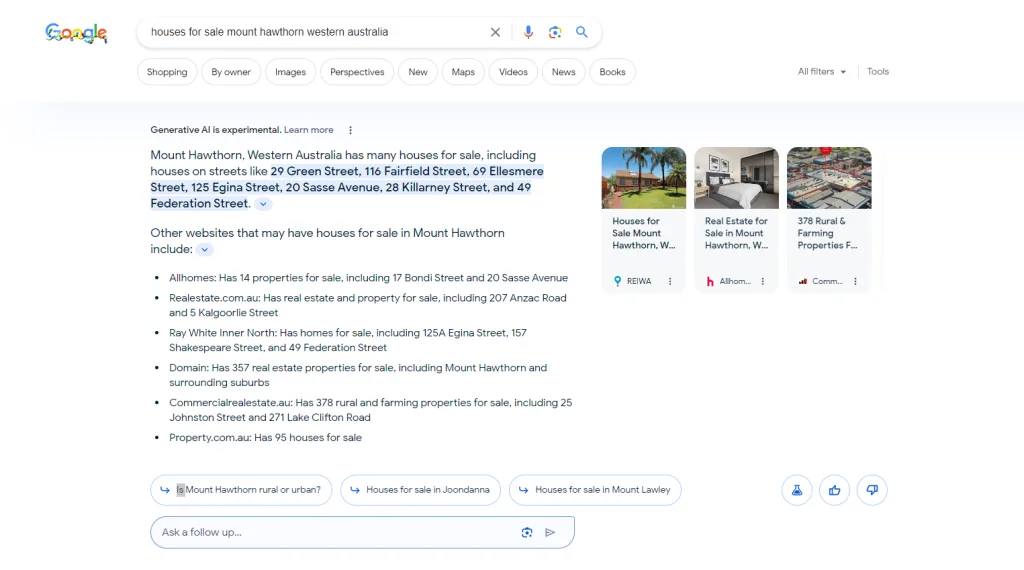 A screenshot of Google's Search Generative Experience User Interface. Shows the answer to the query "Houses for Sale Mount Hawthorn".