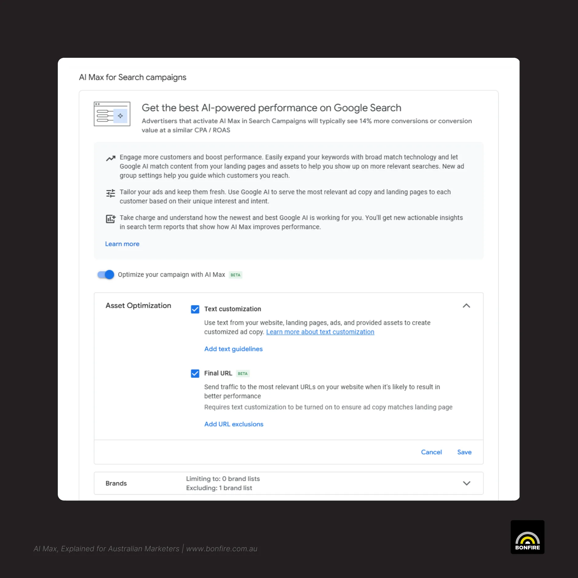 A screenshot of Google's AI Max ad settings, taken in September 2025.